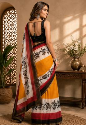 yellow color digital printed chanderi ready to wear saree with blouse 4