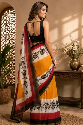 yellow color digital printed chanderi ready to wear saree with blouse