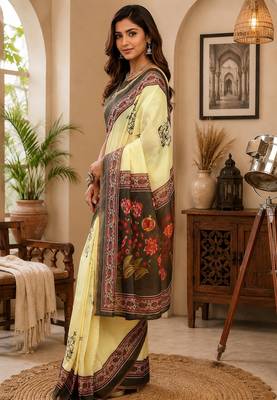 cream color digital printed chanderi ready to wear saree with blouse 3