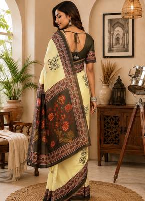 cream color digital printed chanderi ready to wear saree with blouse 4