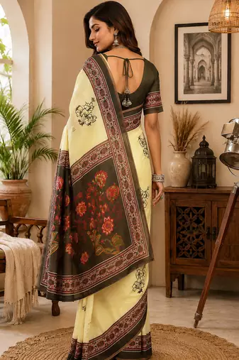 cream color digital printed chanderi ready to wear saree with blouse