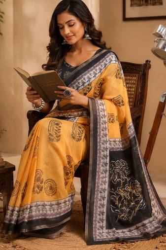 yellow color digital printed chanderi ready to wear saree with blouse