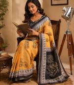 yellow color digital printed chanderi ready to wear saree with blouse