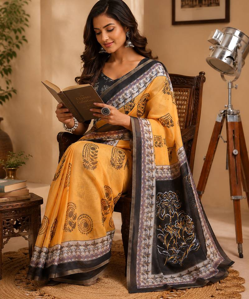 yellow color digital printed chanderi ready to wear saree with blouse