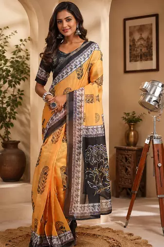 yellow color digital printed chanderi ready to wear saree with blouse