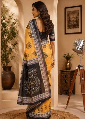 yellow color digital printed chanderi ready to wear saree with blouse 4