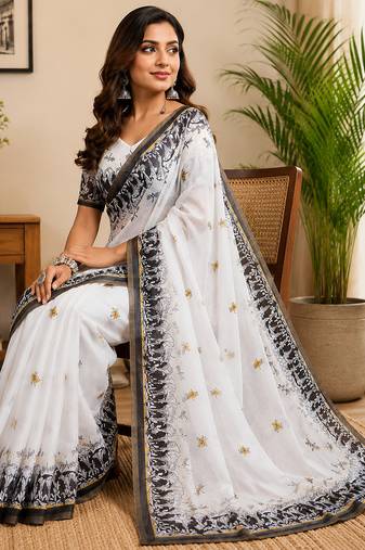 white color digital printed chanderi ready to wear saree with blouse