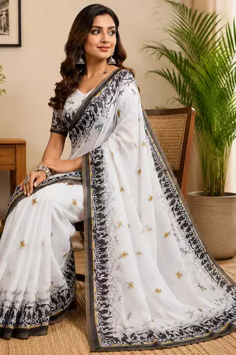 white color digital printed chanderi ready to wear saree with blouse
