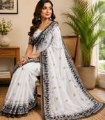 white color digital printed chanderi ready to wear saree with blouse