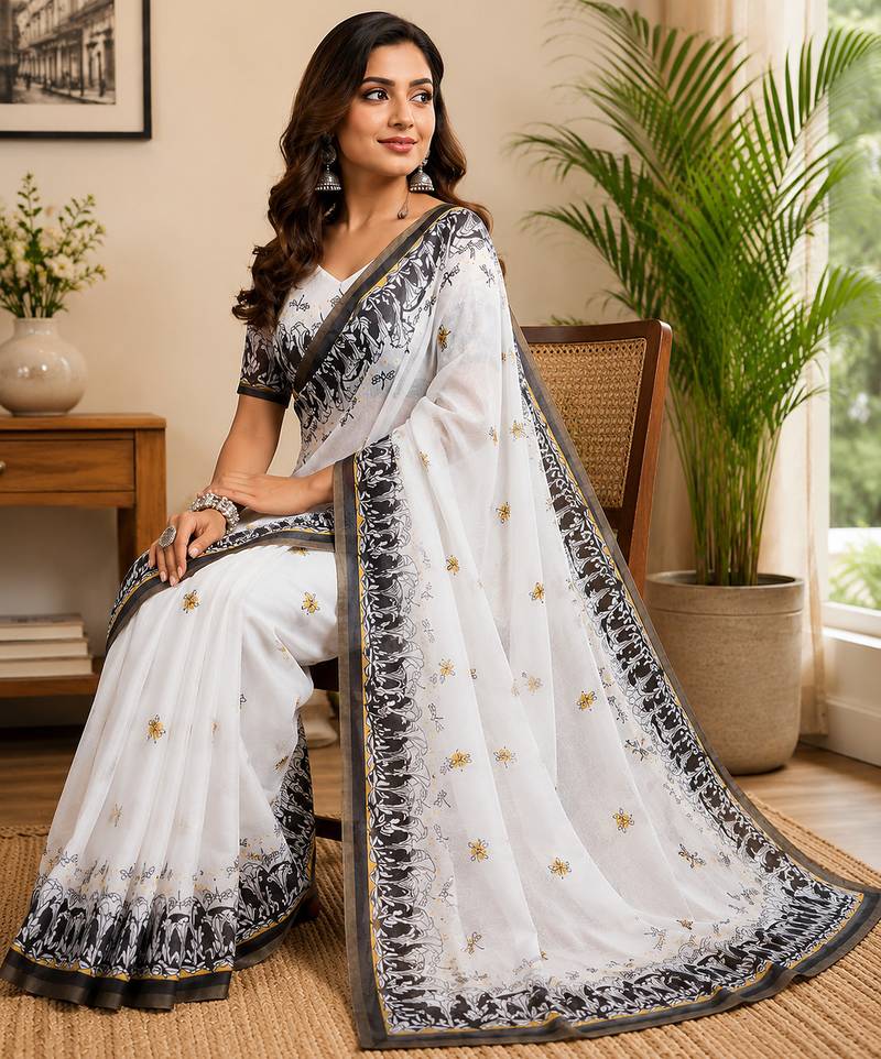 white color digital printed chanderi ready to wear saree with blouse