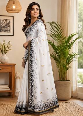 white color digital printed chanderi ready to wear saree with blouse 3