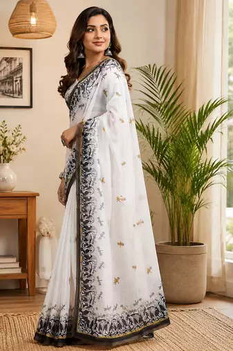 white color digital printed chanderi ready to wear saree with blouse