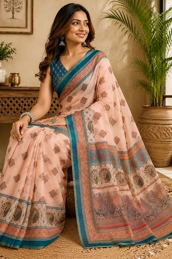 peach color digital printed chanderi ready to wear saree with blouse