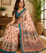 peach color digital printed chanderi ready to wear saree with blouse