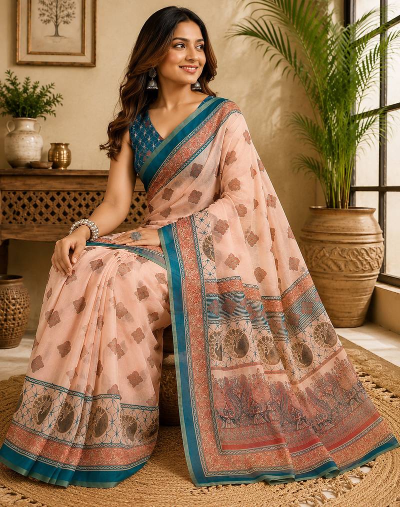 peach color digital printed chanderi ready to wear saree with blouse