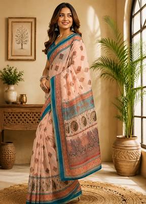 peach color digital printed chanderi ready to wear saree with blouse 3