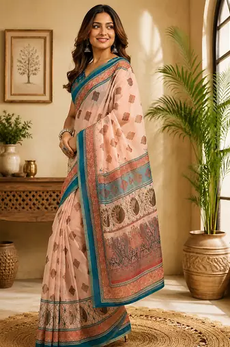 peach color digital printed chanderi ready to wear saree with blouse