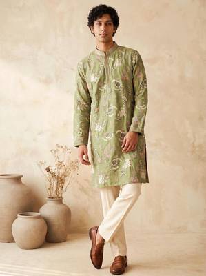 green embroidered & sequin work silk kurta with cotton cream pajama  1