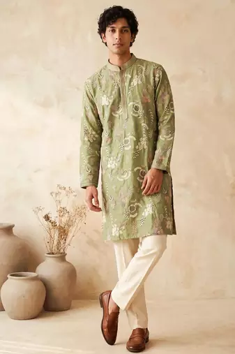 green embroidered & sequin work silk kurta with cotton cream pajama 