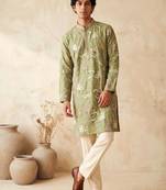 green embroidered & sequin work silk kurta with cotton cream pajama 