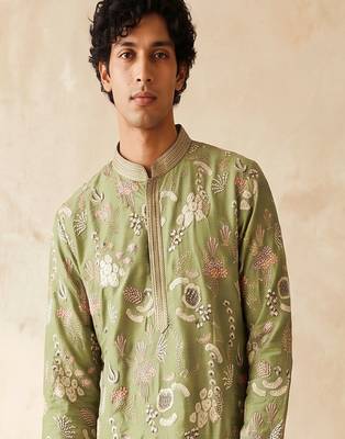 green embroidered & sequin work silk kurta with cotton cream pajama  2
