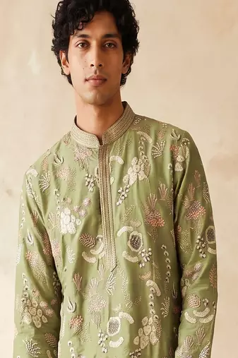 green embroidered & sequin work silk kurta with cotton cream pajama 