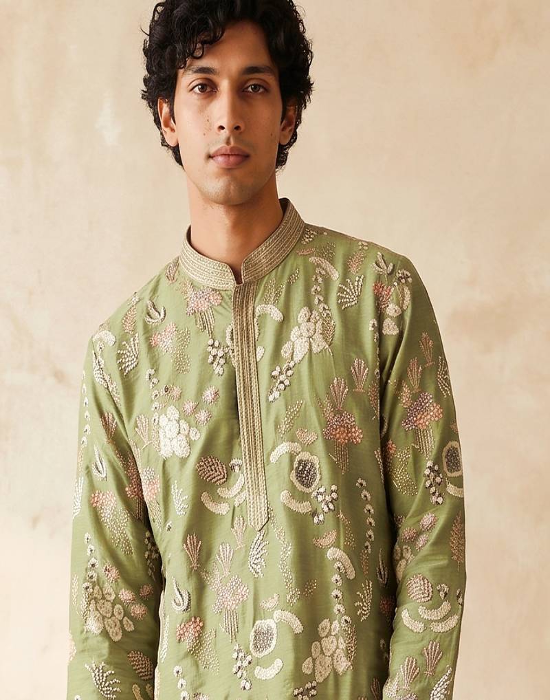 green embroidered & sequin work silk kurta with cotton cream pajama 