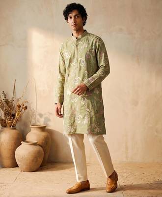 green embroidered & sequin work silk kurta with cotton cream pajama  3