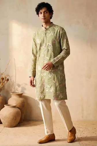 green embroidered & sequin work silk kurta with cotton cream pajama 