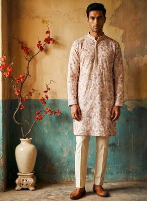 pink embroidered & sequin work silk kurta with cotton cream pajama  1