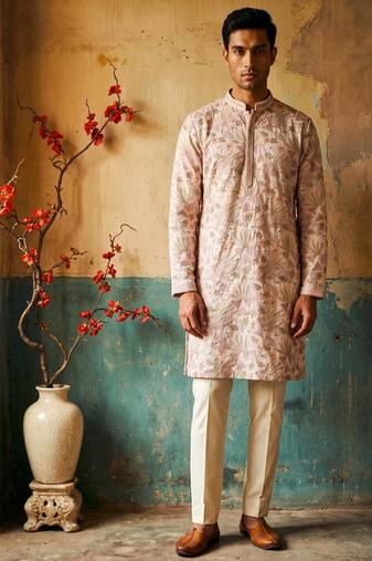 pink embroidered & sequin work silk kurta with cotton cream pajama 