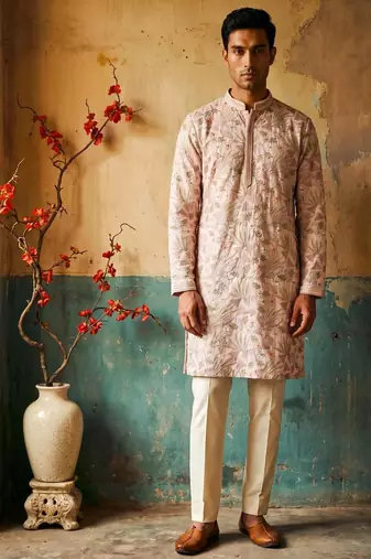 pink embroidered & sequin work silk kurta with cotton cream pajama 