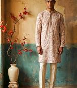 pink embroidered & sequin work silk kurta with cotton cream pajama 