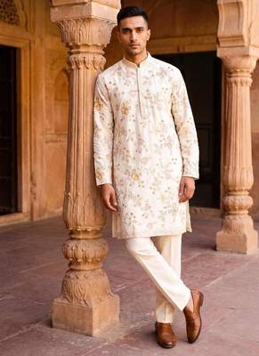white embroidered, sequin & hand work linen kurta with cotton cream pajama 1