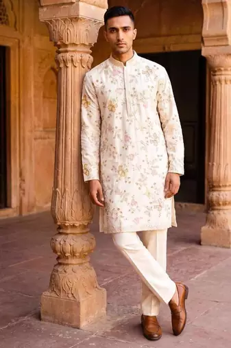 white embroidered, sequin & hand work linen kurta with cotton cream pajama