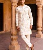 white embroidered, sequin & hand work linen kurta with cotton cream pajama