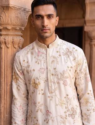 white embroidered, sequin & hand work linen kurta with cotton cream pajama 2