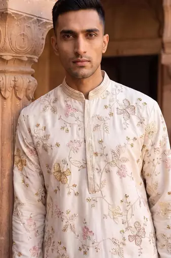 white embroidered, sequin & hand work linen kurta with cotton cream pajama