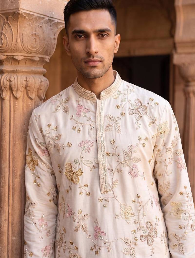 white embroidered, sequin & hand work linen kurta with cotton cream pajama