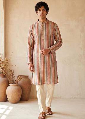 multicolor embroidered & sequin work cotton kurta with cotton cream pajama 1