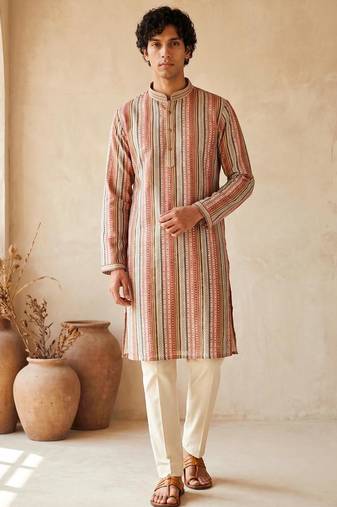 multicolor embroidered & sequin work cotton kurta with cotton cream pajama