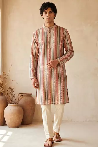 multicolor embroidered & sequin work cotton kurta with cotton cream pajama