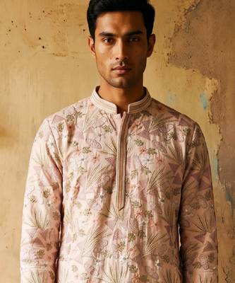 pink embroidered & sequin work silk kurta with cotton cream pajama  2