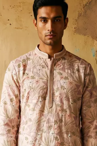 pink embroidered & sequin work silk kurta with cotton cream pajama 