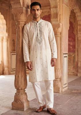 white embroidered work roman silk kurta with cotton cream pajama  1