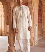 white embroidered work roman silk kurta with cotton cream pajama 