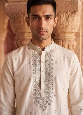 white embroidered work roman silk kurta with cotton cream pajama  2