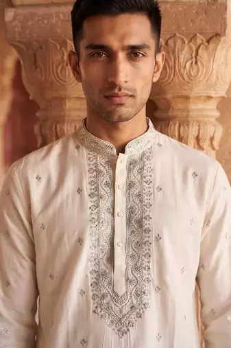 white embroidered work roman silk kurta with cotton cream pajama 