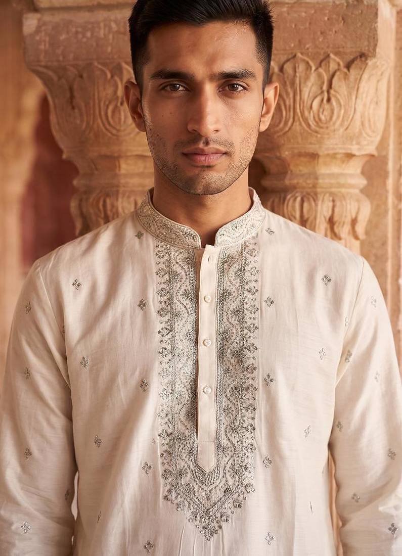 white embroidered work roman silk kurta with cotton cream pajama 