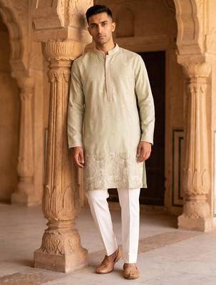 pista green embroidered & hand work silk kurta with cotton cream pajama  1
